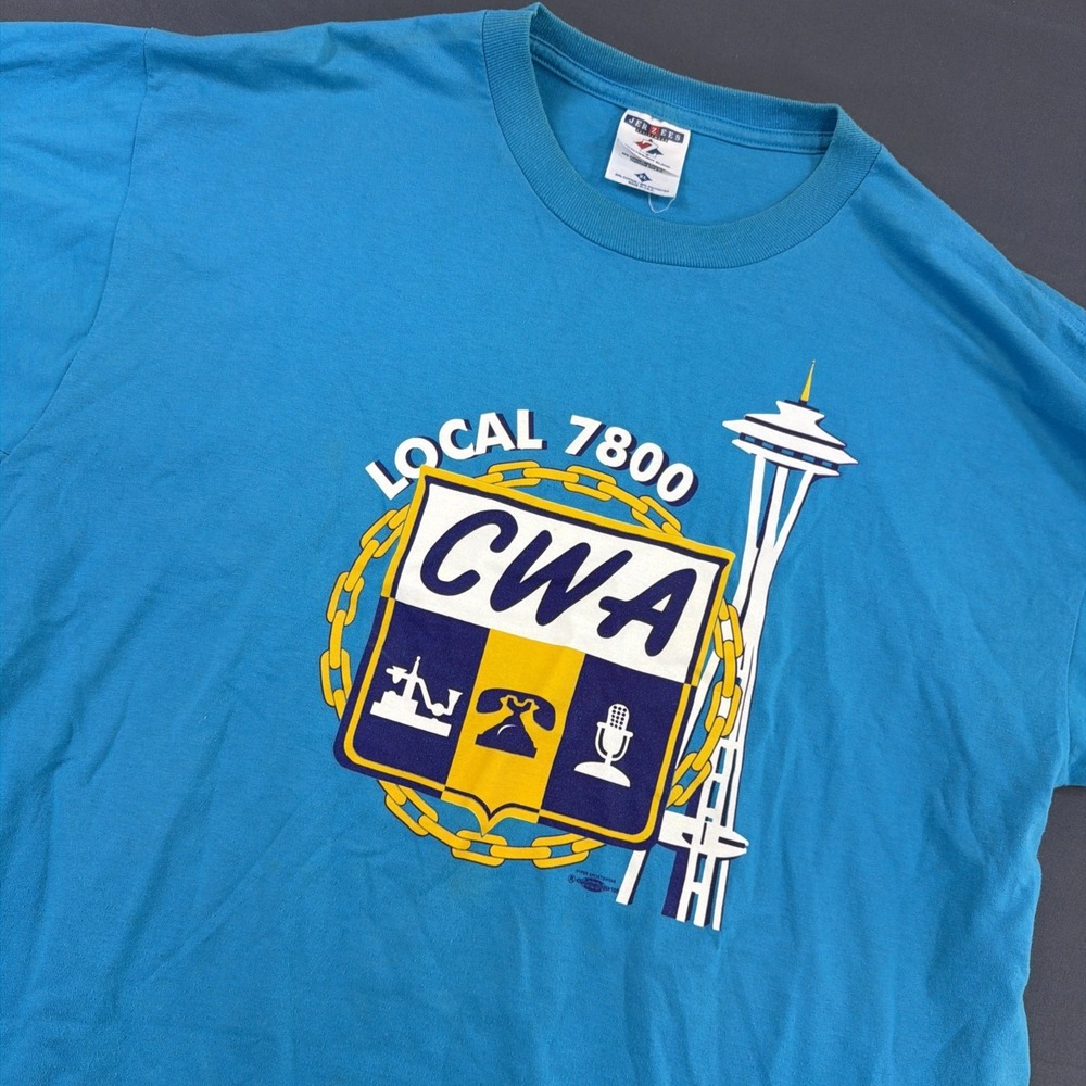 vintage cyan blue t-shirt features a graphic for CWA Local 7800 Size XL